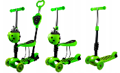 Trottinette 3 roues Coccinelle 5 en 1 vert avec siège réglable. Roues avec LED
