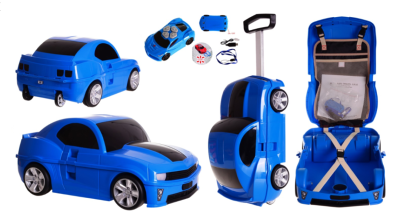 Valise-voiture rigide télécommandée 2en1 bleu pour enfants. Accessoires voyage 
