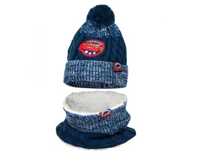 Bonnet avec Snood Bleu, Bonnet avec Pompon, Motif Cars pour Enfant 100% Acrylique Taille 50